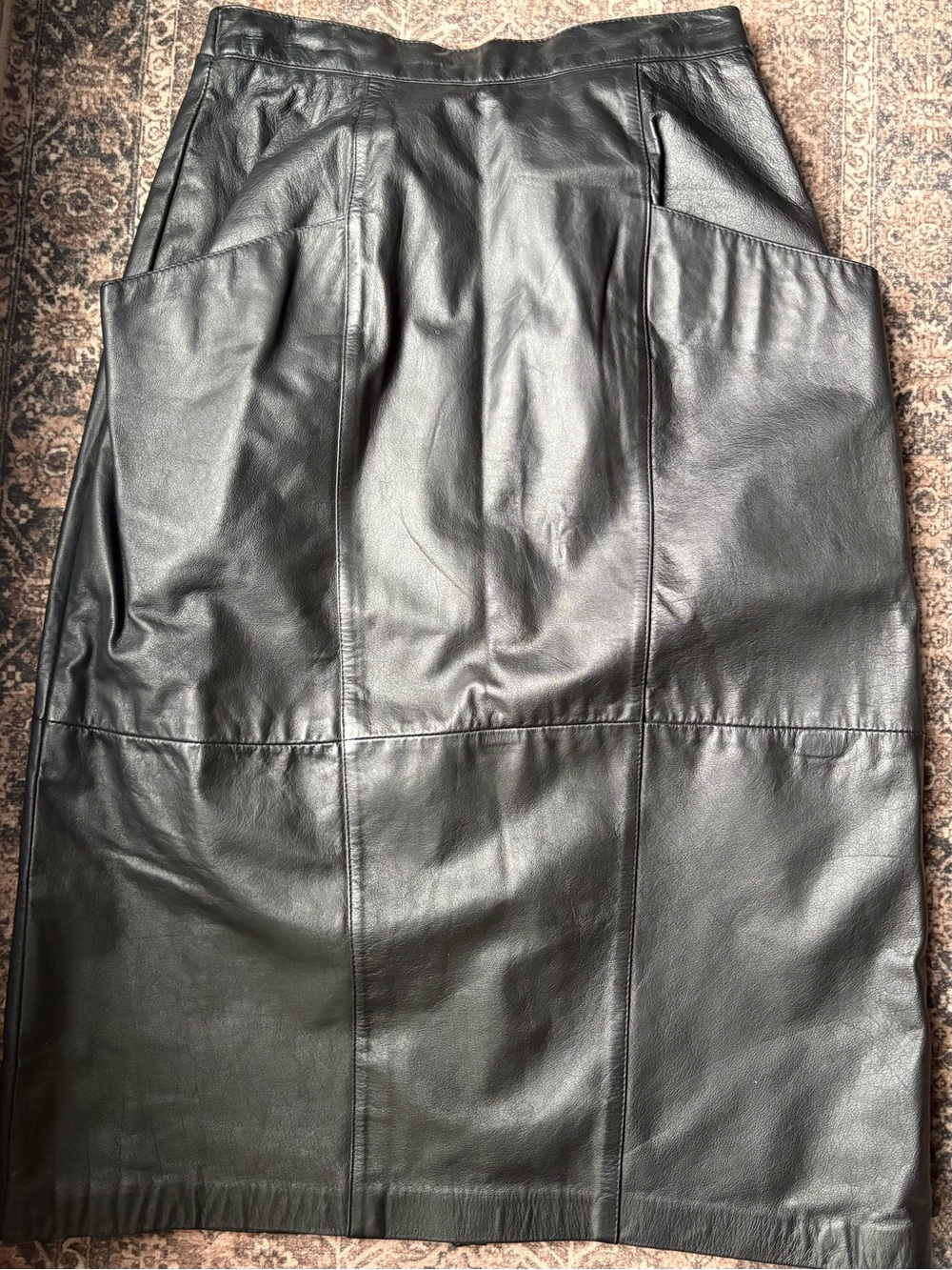Vintage Black 100% Leather Midi Skirt with Front Patch Pockets